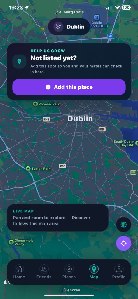 Map tab in Who's Out? — friends and places nearby