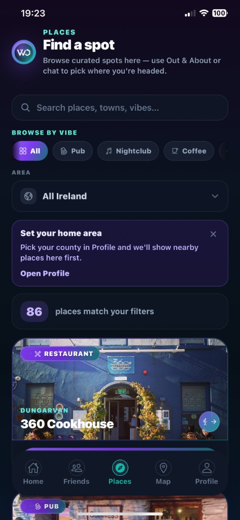 Places tab in Who's Out? — pubs, restaurants and spots nearby